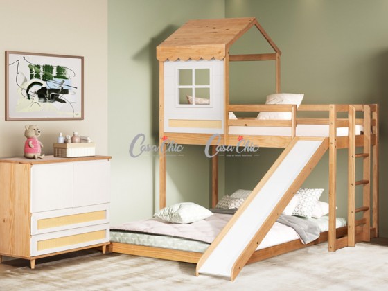 Beliche Cama Casinha Infantil Montessoriana com Cama Queen Size e Escorregador Serraltense Farm 1079/1080
