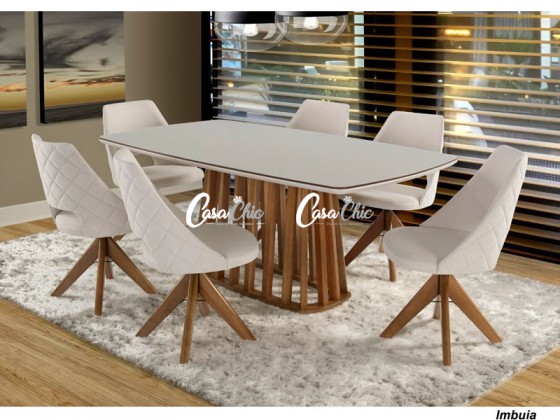 Conjunto Mesa de Jantar Esmeralda 1.80 x 1.00 Retangular com 06 Cadeiras Giratorias Coral