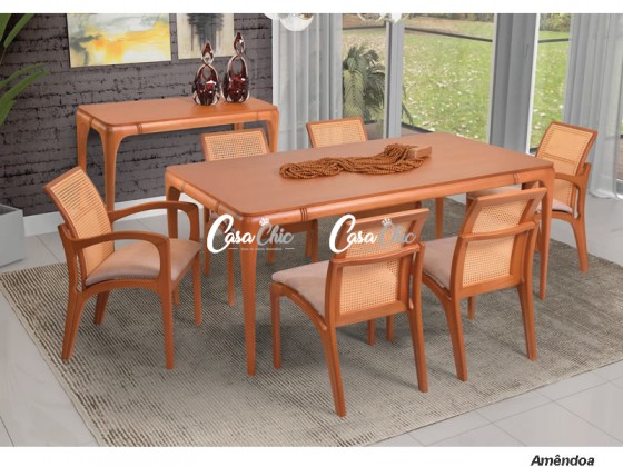 Conjunto Mesa de Jantar com 06 Cadeiras com Encosto em Tela Hanna e Mesa Brioche Retangular 1.80 x 1.00