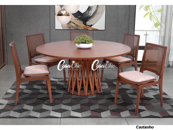 Conjunto Mesa de Jantar com 06 Cadeiras com Encosto em Tela Tikal e Mesa Xingu Redonda 1.60 x 1.60